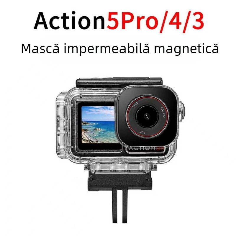 Carcasă impermeabilă pentru DJI Action6/5Pro/4/3 din ABS+PC cu sticlă transparentă de înaltă claritate; compatibilă cu Action6/5/4/3; Include: carcasă, șuruburi în formă de T, inserții anti-ceață, cutie de ambalaj