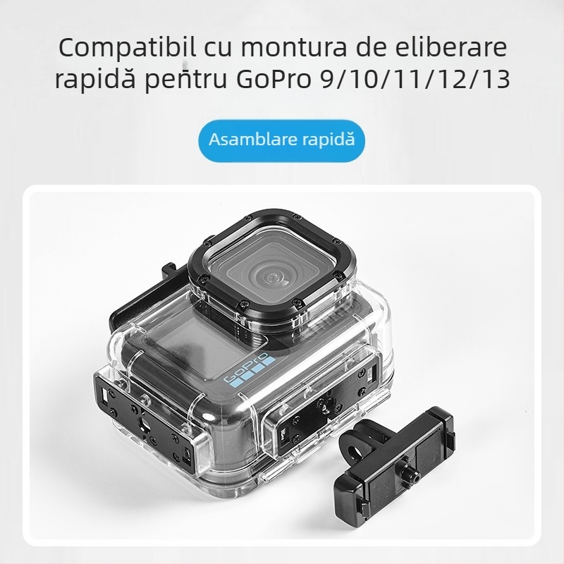 Carcasă impermeabilă pentru GoPro HERO12/11/10/9 cu bază și șurub, model ZH2016, material PC+316SS