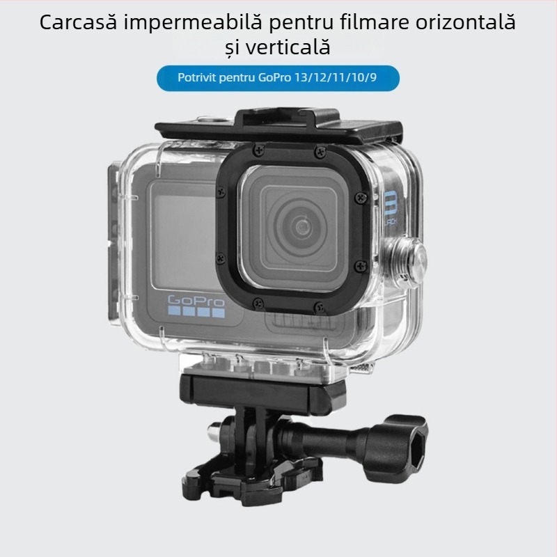 Carcasă impermeabilă pentru GoPro HERO12/11/10/9 cu bază și șurub, model ZH2016, material PC+316SS