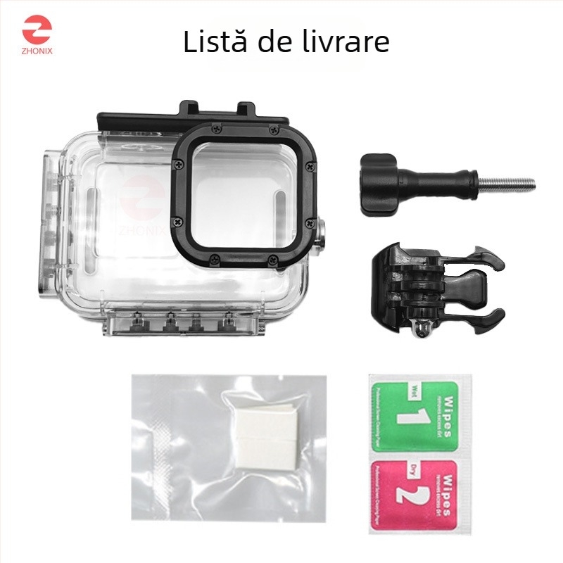 Carcasă impermeabilă pentru GoPro HERO12/11/10/9 cu bază și șurub, model ZH2016, material PC+316SS