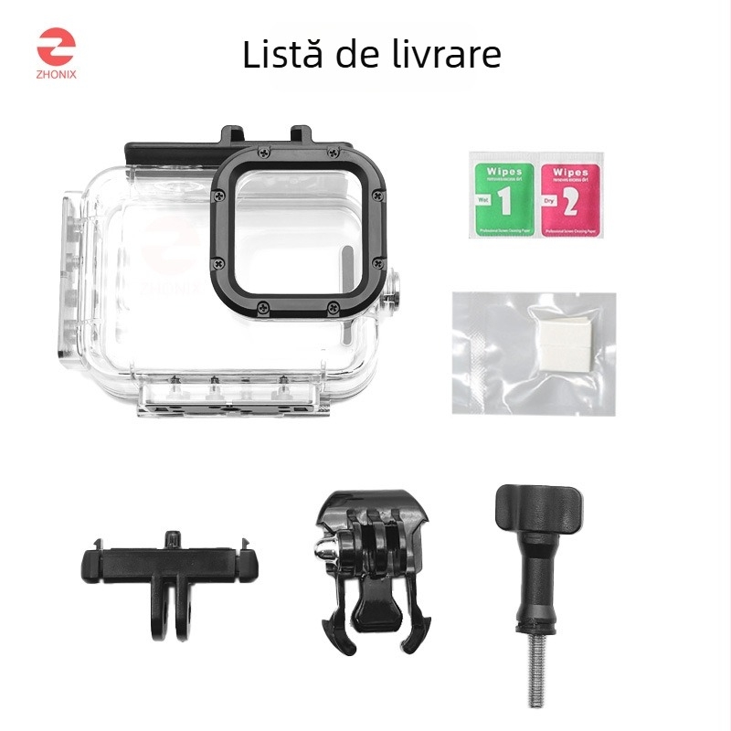 Carcasă impermeabilă pentru GoPro HERO12/11/10/9 cu bază și șurub, model ZH2016, material PC+316SS