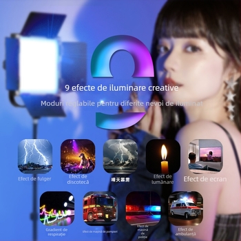 Lumină RGB pentru streaming live și fotografie — 50W, 3200–5600K, 110–240V, reglabilă în intensitate, culoare RGB, rază 3–5 m