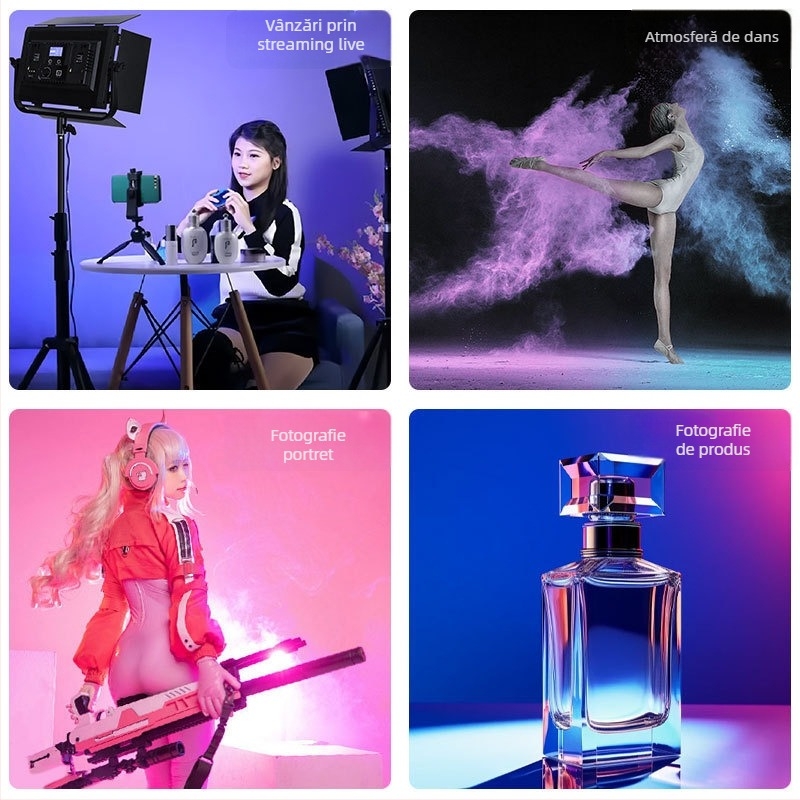 Lumină RGB pentru streaming live și fotografie — 50W, 3200–5600K, 110–240V, reglabilă în intensitate, culoare RGB, rază 3–5 m