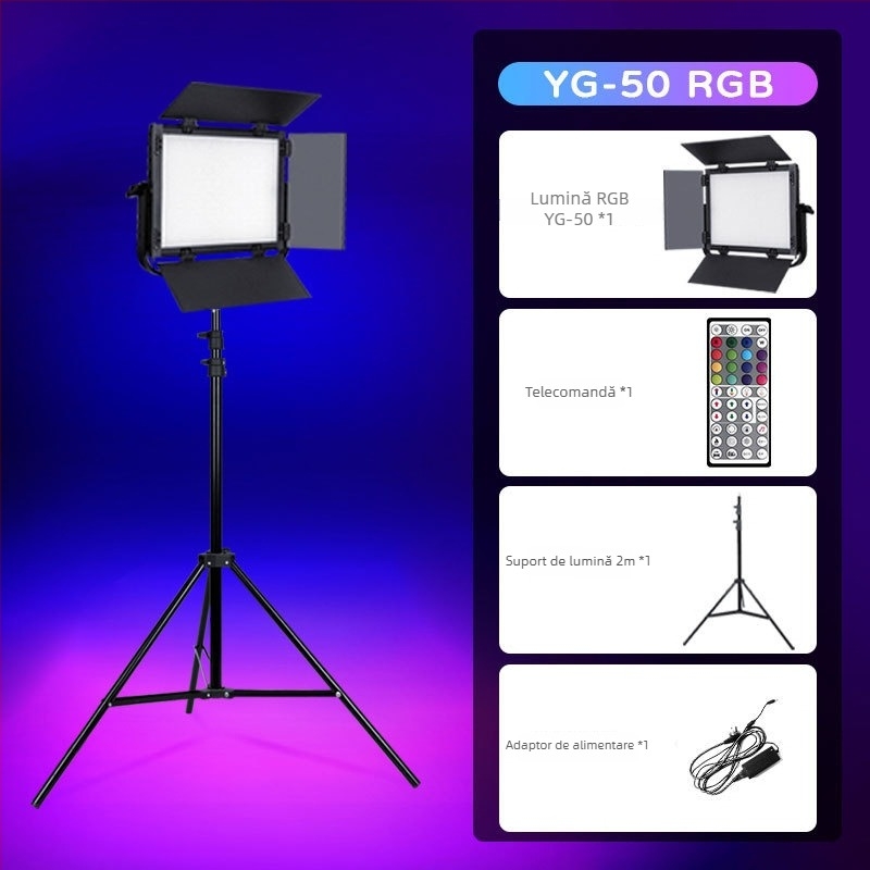Lumină RGB pentru streaming live și fotografie — 50W, 3200–5600K, 110–240V, reglabilă în intensitate, culoare RGB, rază 3–5 m