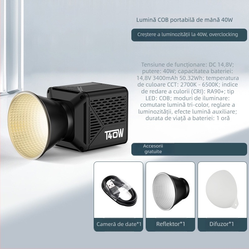 Lumină LED de umplere 40W, temperatură de culoare reglabilă 2500–9900K, model T200PRO, reglaj în mai multe trepte a luminii, 14.8V