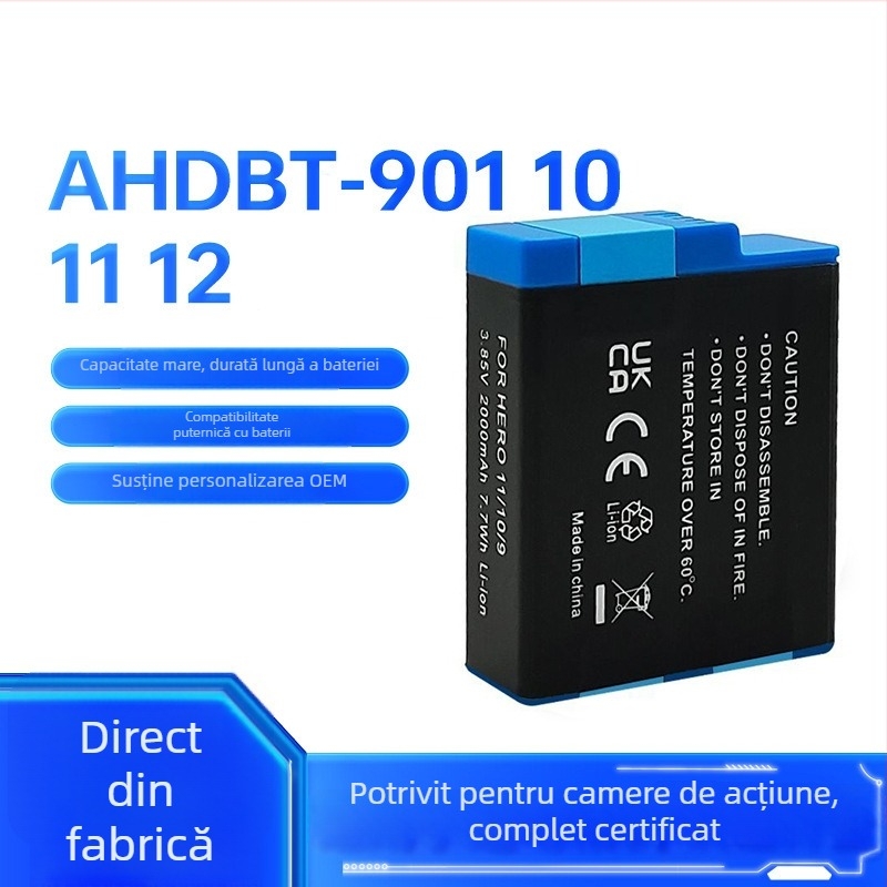 Baterie pentru cameră de acțiune AHDBT-901 10/11/12; compatibilă cu GoPro Hero 12; 3.85V; include cutie de ambalare și baterie; lansare 2024.