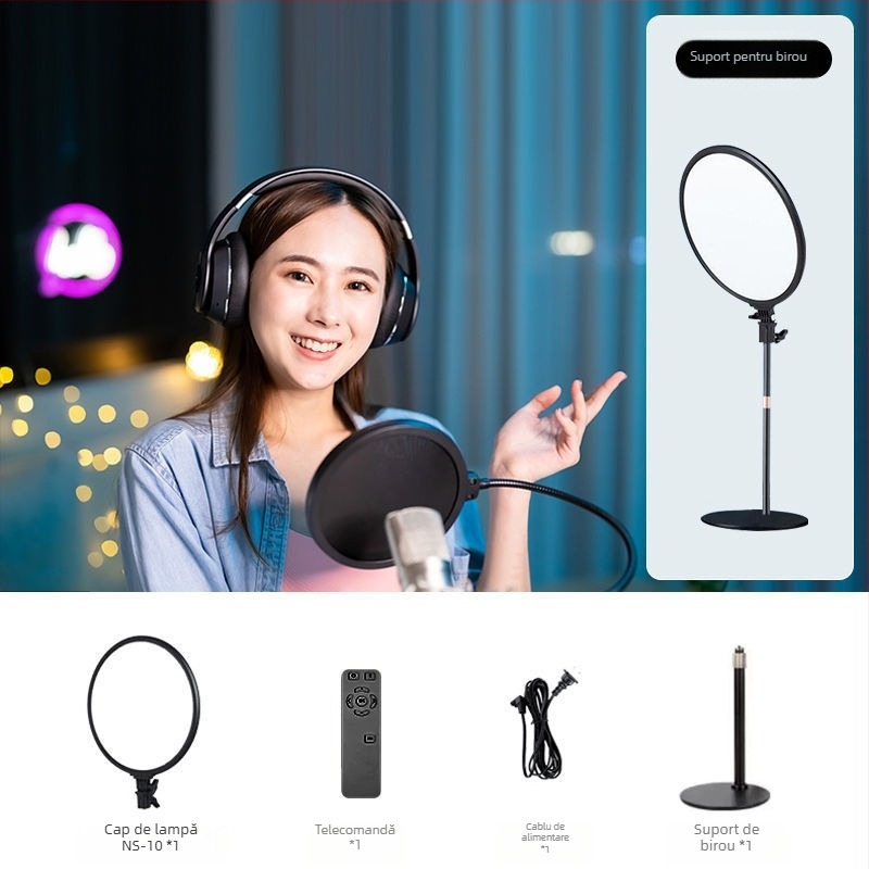 Lumină de fill pentru Live streaming cu suport NS-10, putere reglabilă 10–50W, 12V/2A, reglaj multiplu pentru live, fotografie și filmare