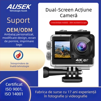 Cameră de acțiune 4K cu Wi‑Fi, impermeabilă pentru scufundări, ecran dual