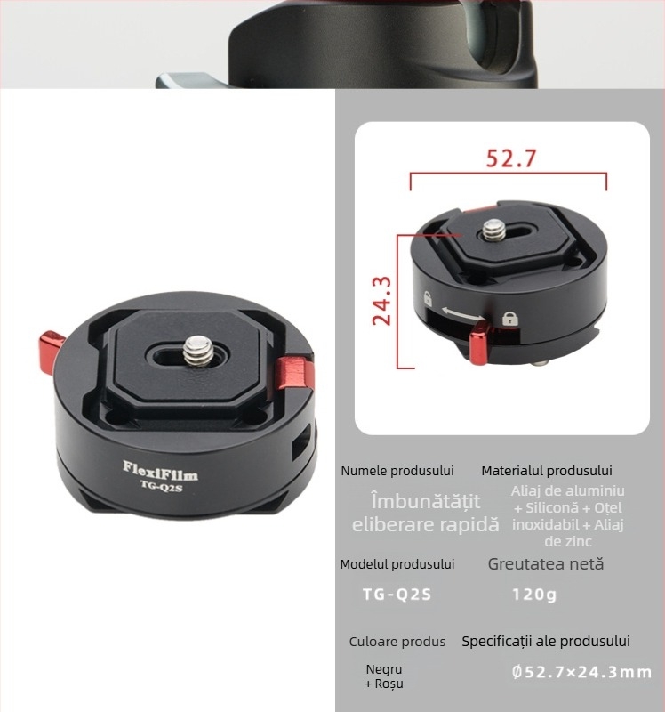 Placă cu eliberare rapidă din aliaj de aluminiu pentru trepied/cap de montaj (JF-Q2S) – sarcină 2–5 kg, greutate 120 g