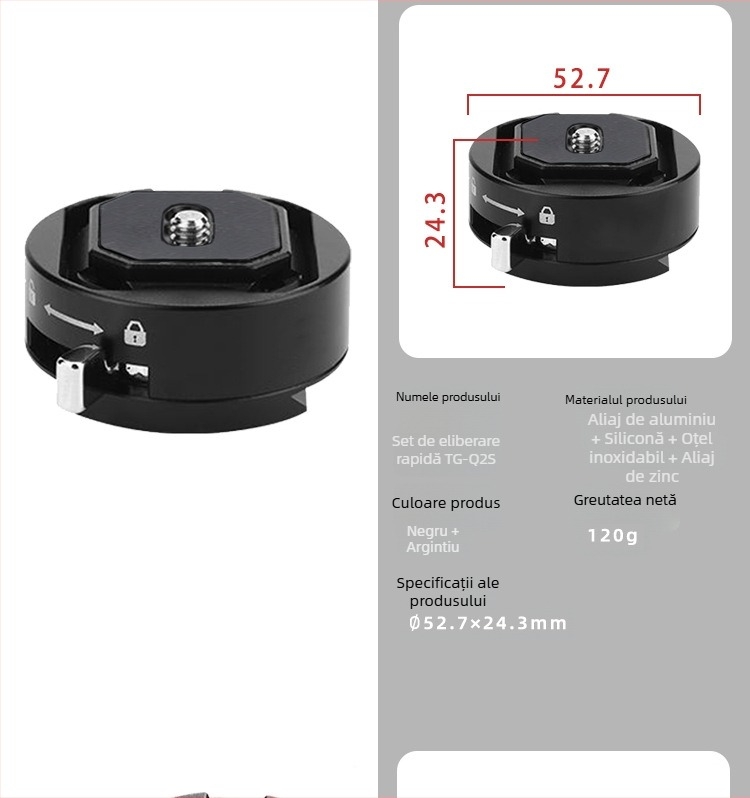 Placă cu eliberare rapidă din aliaj de aluminiu pentru trepied/cap de montaj (JF-Q2S) – sarcină 2–5 kg, greutate 120 g
