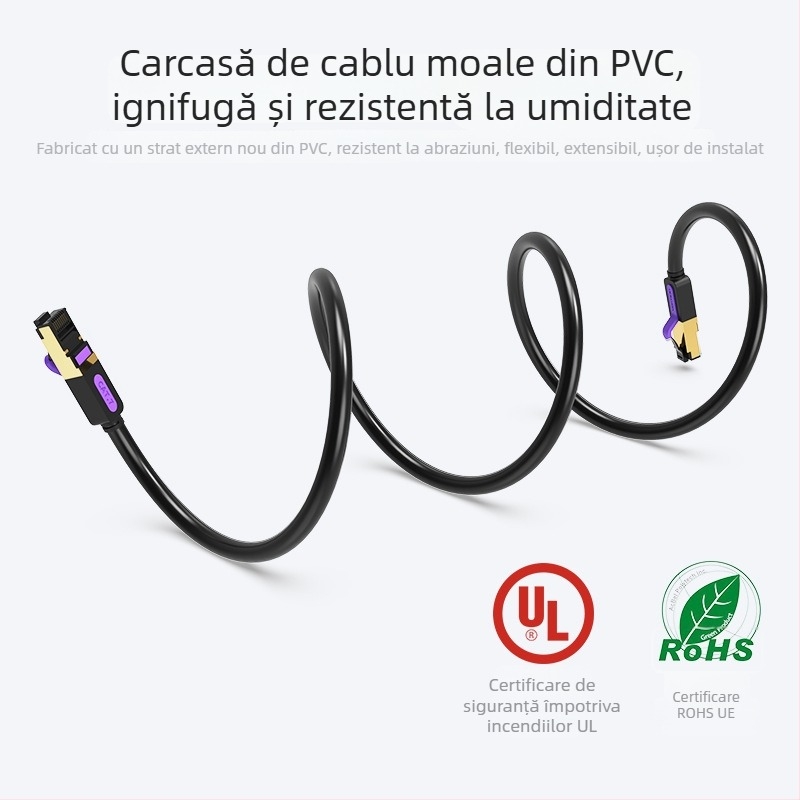 Cablu Ethernet CAT7 ecranat plat, 10 Gbps, cu cupru pur (oxid-free), RJ-45, perechi răsucite
