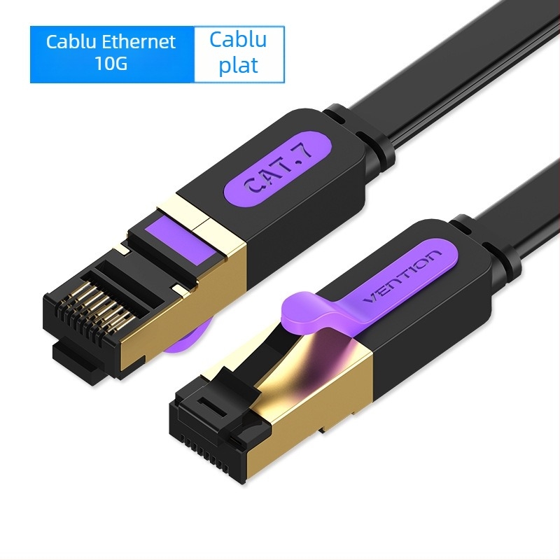 Cablu Ethernet CAT7 ecranat plat, 10 Gbps, cu cupru pur (oxid-free), RJ-45, perechi răsucite
