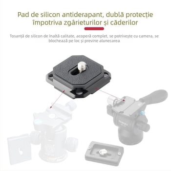 Placă de eliberare rapidă PU38A | Compatibilă cu specificațiile Aka; Materiale: aliaj de aluminiu, oțel inoxidabil, silicon; Încărcare maximă: 2-5 kg; Greutate: 17 g.