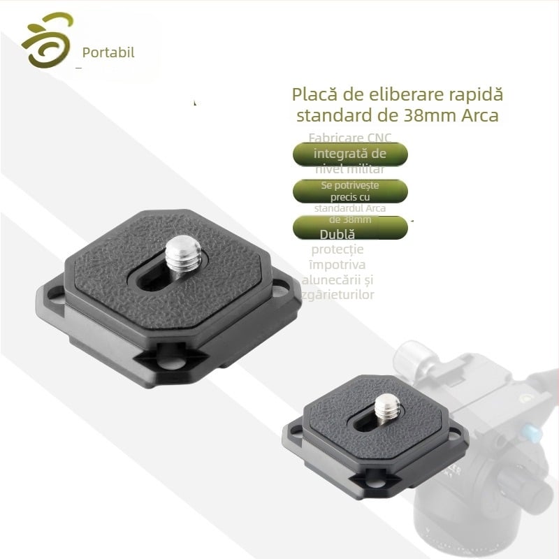 Placă de eliberare rapidă PU38A | Compatibilă cu specificațiile Aka; Materiale: aliaj de aluminiu, oțel inoxidabil, silicon; Încărcare maximă: 2-5 kg; Greutate: 17 g.
