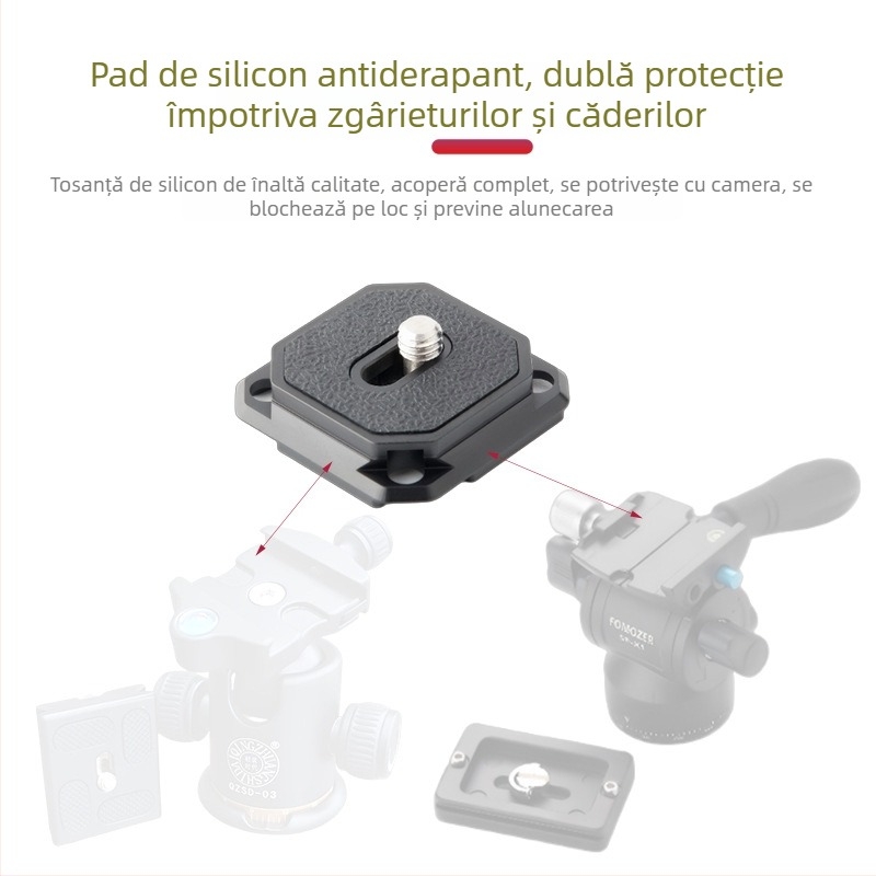 Placă de eliberare rapidă PU38A | Compatibilă cu specificațiile Aka; Materiale: aliaj de aluminiu, oțel inoxidabil, silicon; Încărcare maximă: 2-5 kg; Greutate: 17 g.