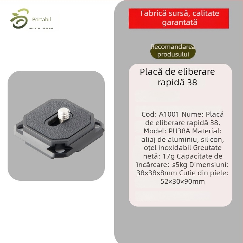 Placă de eliberare rapidă PU38A | Compatibilă cu specificațiile Aka; Materiale: aliaj de aluminiu, oțel inoxidabil, silicon; Încărcare maximă: 2-5 kg; Greutate: 17 g.