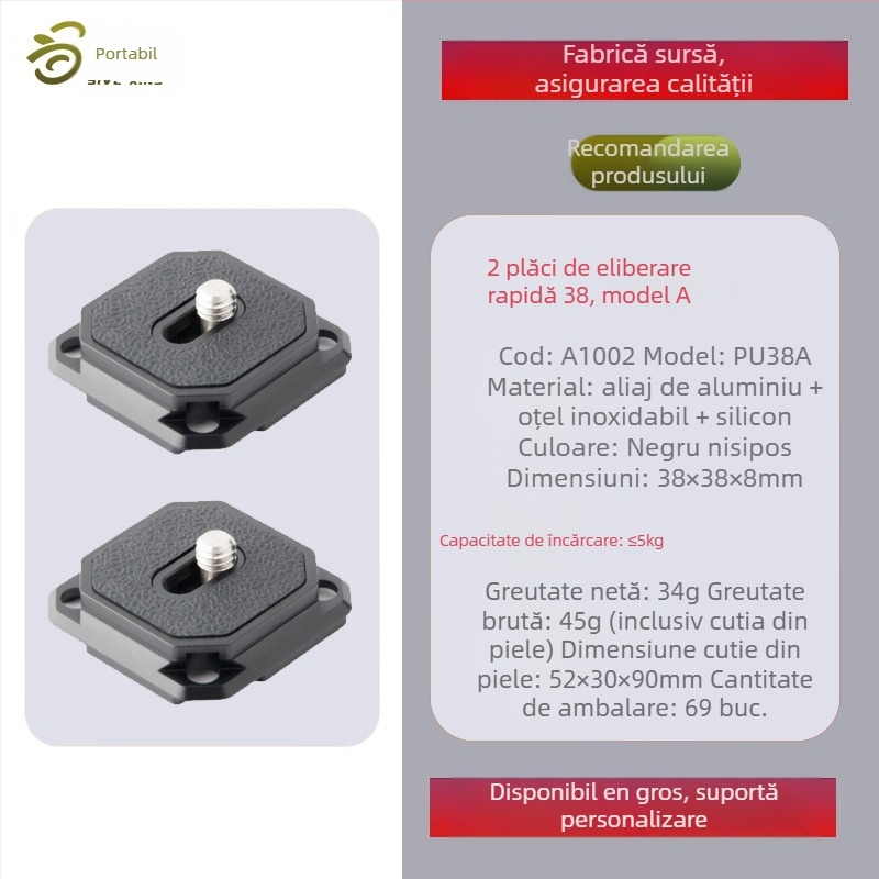 Placă de eliberare rapidă PU38A | Compatibilă cu specificațiile Aka; Materiale: aliaj de aluminiu, oțel inoxidabil, silicon; Încărcare maximă: 2-5 kg; Greutate: 17 g.