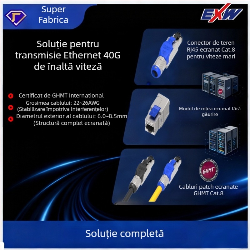 Nbexw Cat8 cablu patch, viteză de transfer 500, temperatură de lucru -25°C, temperatură de depozitare 125°C, rezistență la tracțiune 10, rezistență la compresiune 20, lungime personalizabilă