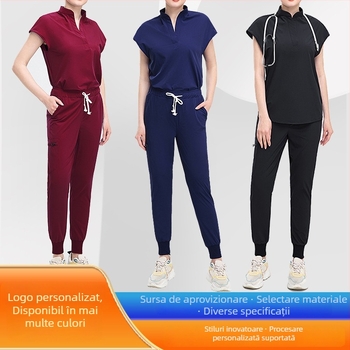Set medical unisex: bluza cu mânecă scurtă și pantaloni pentru clinici veterinare, saloane de înfrumusețare și săli de operație; poliester, absorbție a umidității, decolteu în V
