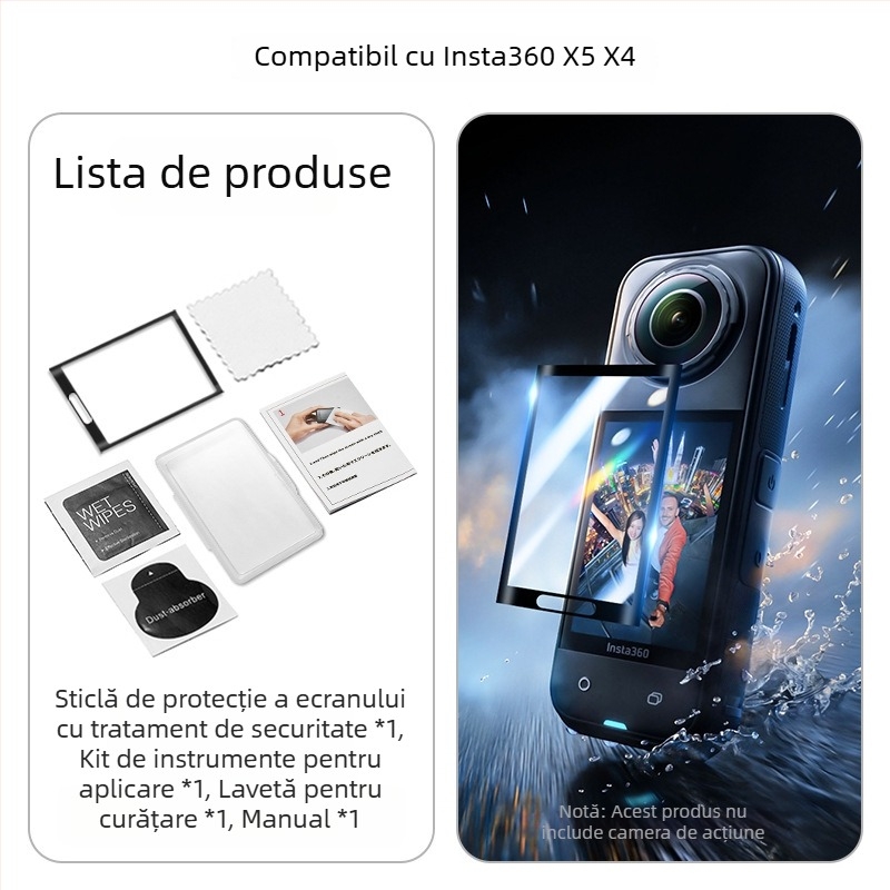 Insta360 ONE X5 protector de ecran din sticla temperata, scara 1:1, acoperire completa a ecranului, fara siglă