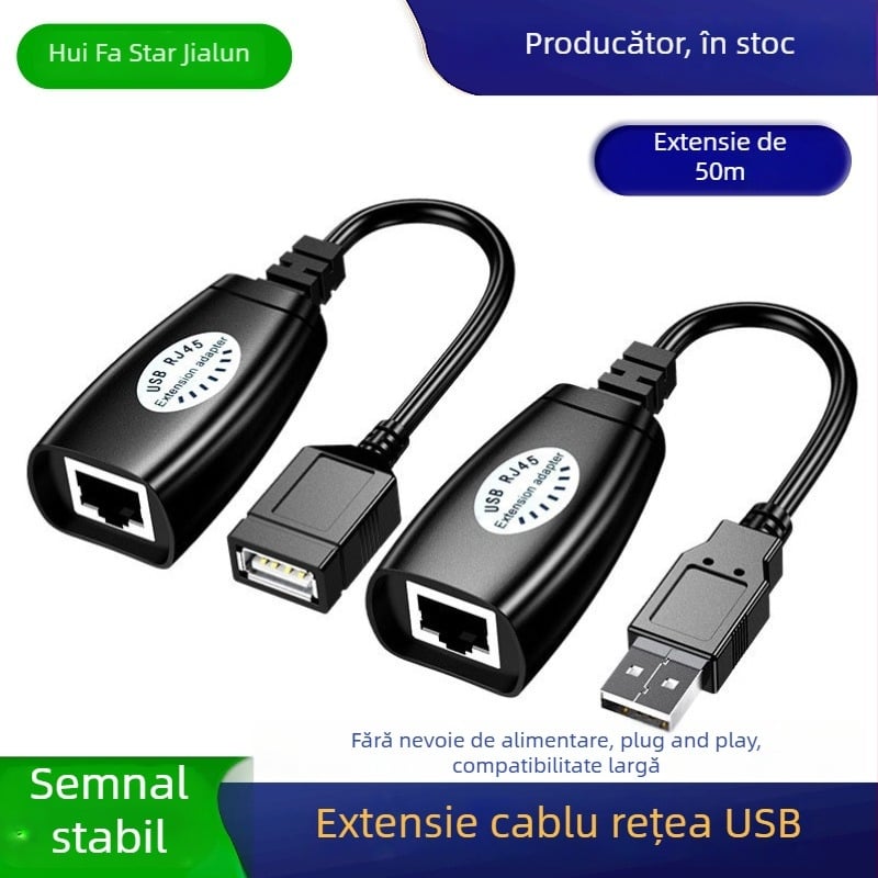 Extender USB prin RJ45, rază 50 m, cablu de extensie USB către RJ45, conexiune de rețea RJ45, compatibilitate universală, greutate 0,1 kg