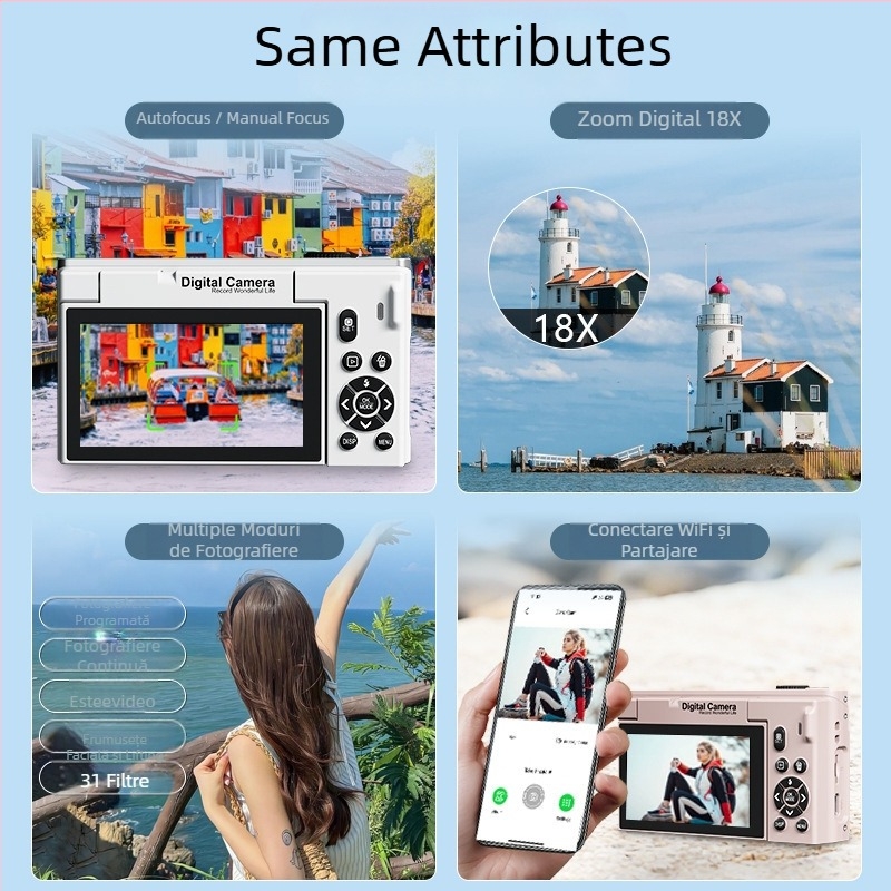 FOCUSO Wd66 Cameră digitală pentru selfie cu ecran rabatabil de 3,0 inch, 8MP CMOS senzor, zoom digital 16x, rezoluție maximă 4608×3056