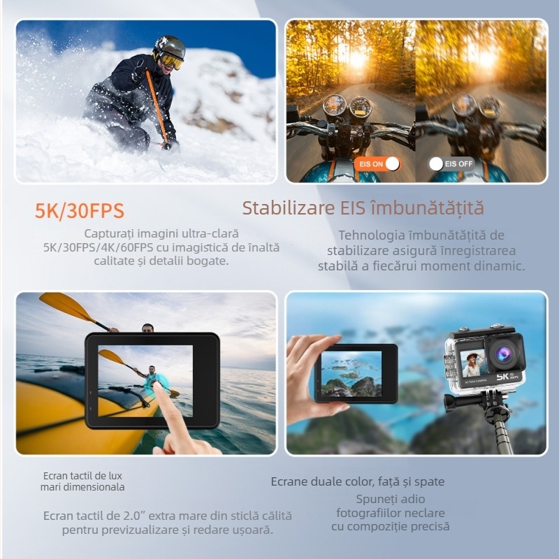 Cameră de acțiune 5K cu atingere și ecran dublu | control WiFi de la distanță | Model H26TP, 2400W pixeli, TF card, baterie 60 minute