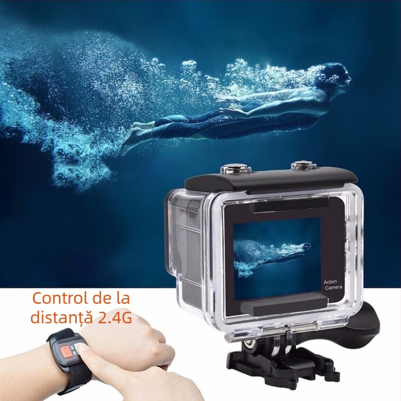 Cameră de acțiune cu ecran tactil 4K și ecran dual, control WiFi, rezistentă la apă pentru exterior, obiectiv unghi larg