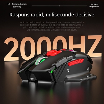 Mouse de gaming fără fir L8 — 9 butoane, macroprogramare, reîncărcabil, 24000 DPI, 2.4 GHz, trei moduri de conectare