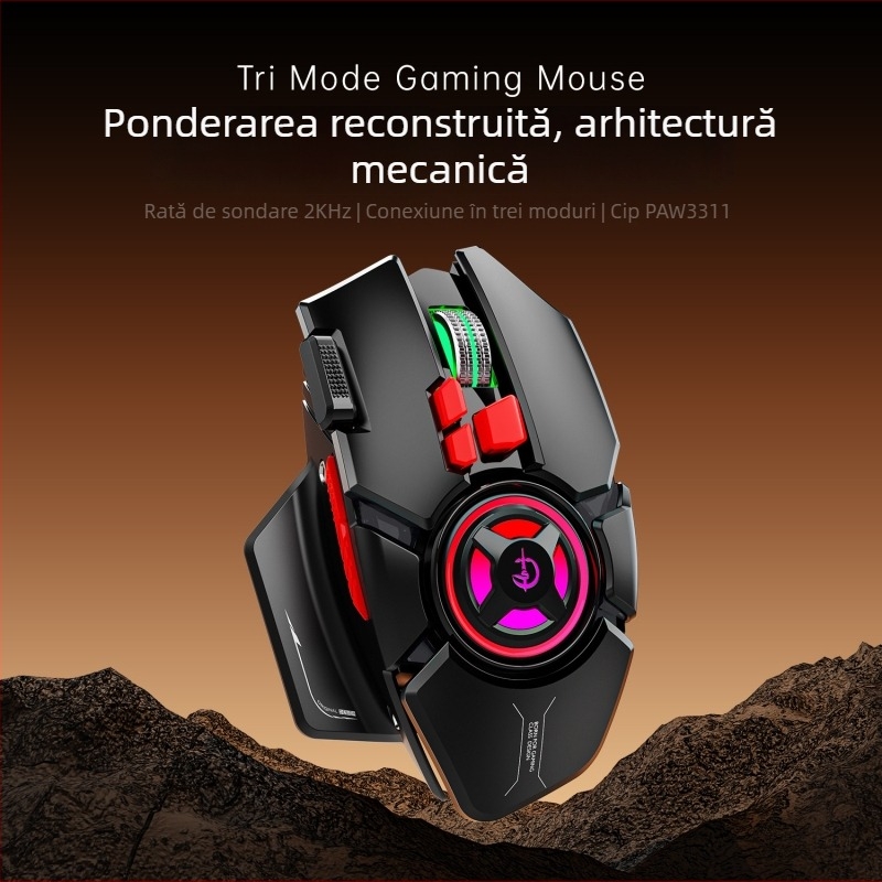 Mouse de gaming fără fir L8 — 9 butoane, macroprogramare, reîncărcabil, 24000 DPI, 2.4 GHz, trei moduri de conectare