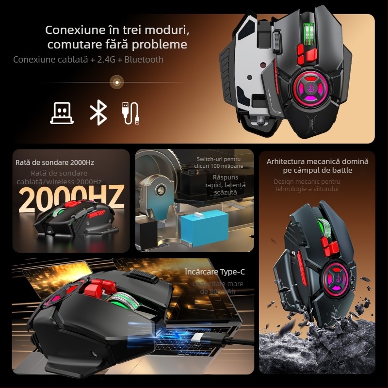 Mouse de gaming fără fir L8 — 9 butoane, macroprogramare, reîncărcabil, 24000 DPI, 2.4 GHz, trei moduri de conectare