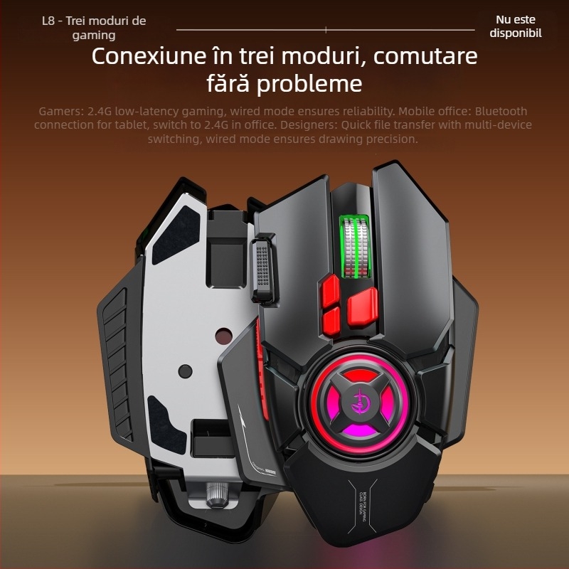 Mouse de gaming fără fir L8 — 9 butoane, macroprogramare, reîncărcabil, 24000 DPI, 2.4 GHz, trei moduri de conectare
