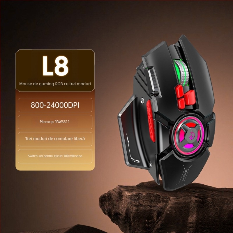 Mouse de gaming fără fir L8 — 9 butoane, macroprogramare, reîncărcabil, 24000 DPI, 2.4 GHz, trei moduri de conectare