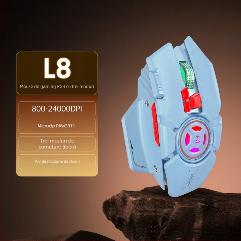 Mouse de gaming fără fir L8 — 9 butoane, macroprogramare, reîncărcabil, 24000 DPI, 2.4 GHz, trei moduri de conectare