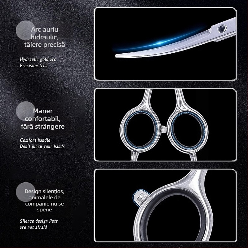 Set de foarfece de îngrijire pentru animale – foarfece curbate pentru câini, lame din oțel inoxidabil, husă din piele PU
