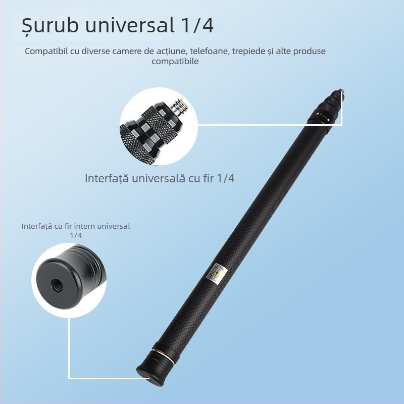 Baston selfie din fibră de carbon pentru Insta360 One X2/X3 și GoPro — telescopic, 4 secțiuni, încărcare max sub 2 kg