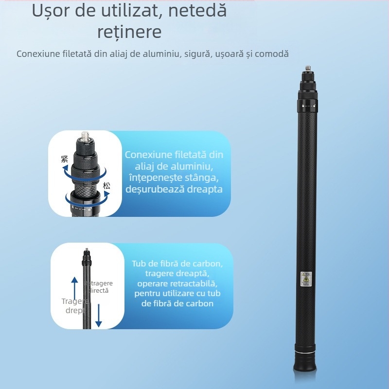 Baston selfie din fibră de carbon pentru Insta360 One X2/X3 și GoPro — telescopic, 4 secțiuni, încărcare max sub 2 kg