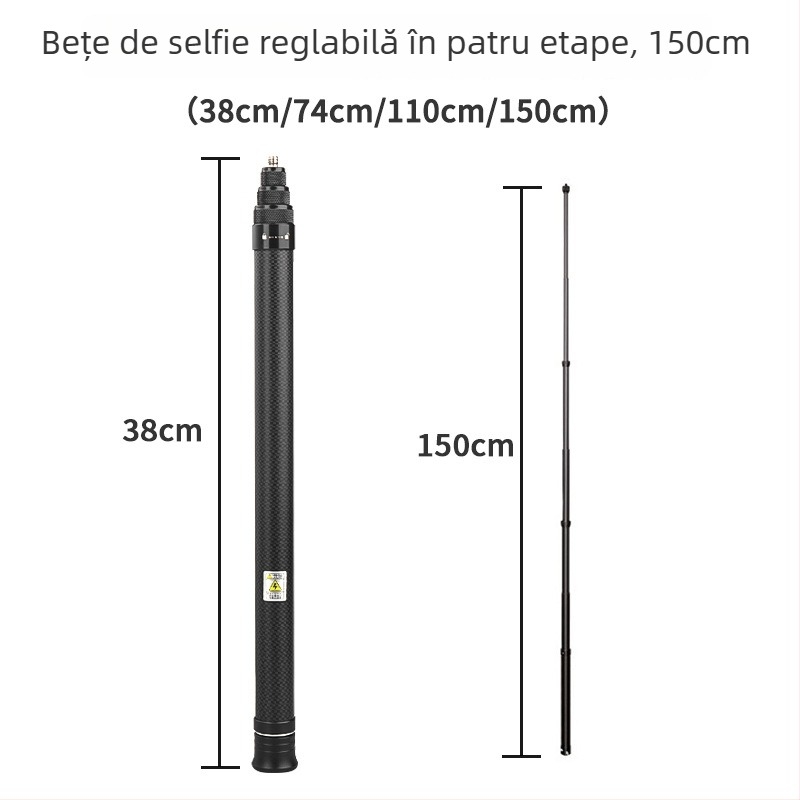 Baston selfie din fibră de carbon pentru Insta360 One X2/X3 și GoPro — telescopic, 4 secțiuni, încărcare max sub 2 kg