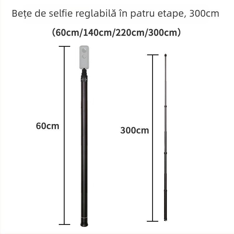 Baston selfie din fibră de carbon pentru Insta360 One X2/X3 și GoPro — telescopic, 4 secțiuni, încărcare max sub 2 kg