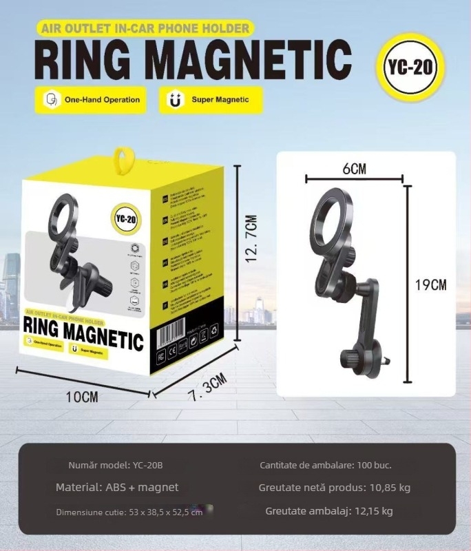 Suport auto pentru telefon cu bază magnetică N52, montare pe gură de ventilație, din plastic, pentru navigație