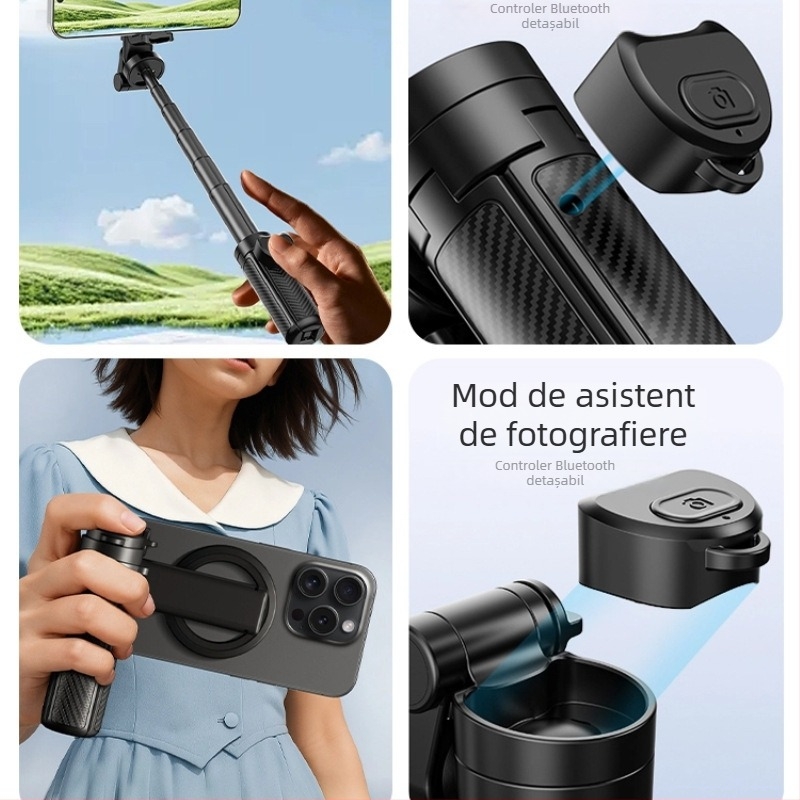Bețișor pentru selfie 3-în-1 cu priză magnetică, telecomandă și Bluetooth, din ABS + aliaj de aluminiu