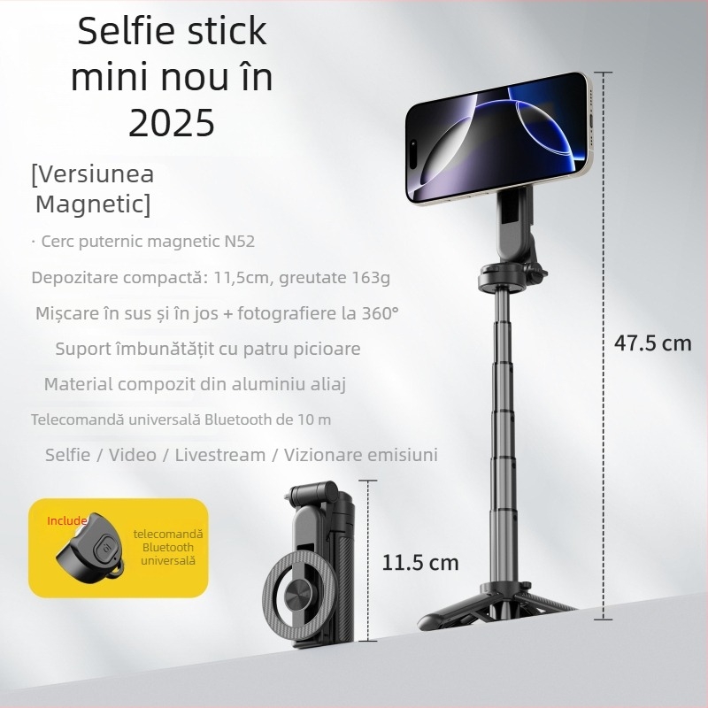 Bețișor pentru selfie 3-în-1 cu priză magnetică, telecomandă și Bluetooth, din ABS + aliaj de aluminiu