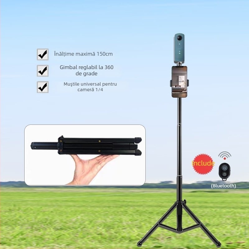 Trepied din aliaj de aluminiu pentru cameră VR mobilă – 4 secțiuni, sarcină 5 kg, greutate 0,5 kg