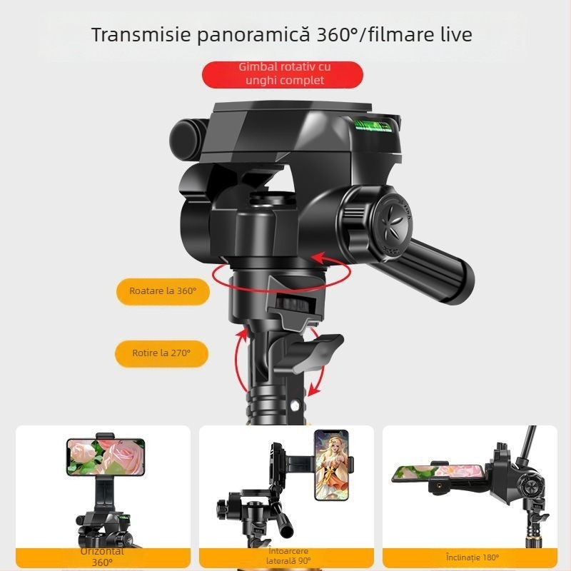 Trepied pentru telefon mobil și tabletă, design pliabil, 3D gimbal, 5 secțiuni, aliaj de aluminiu, placă cu eliberare rapidă, suport până la 2 kg