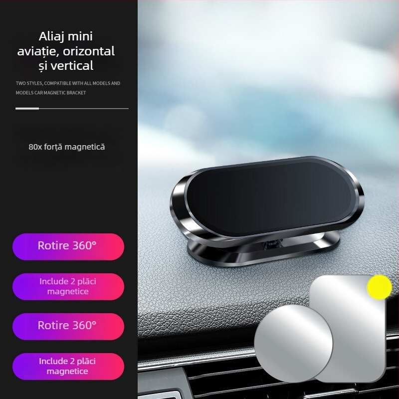 Suport magnetic pentru telefon în mașină, rotire la 360°, montaj cu adeziv — universal, din aliaj