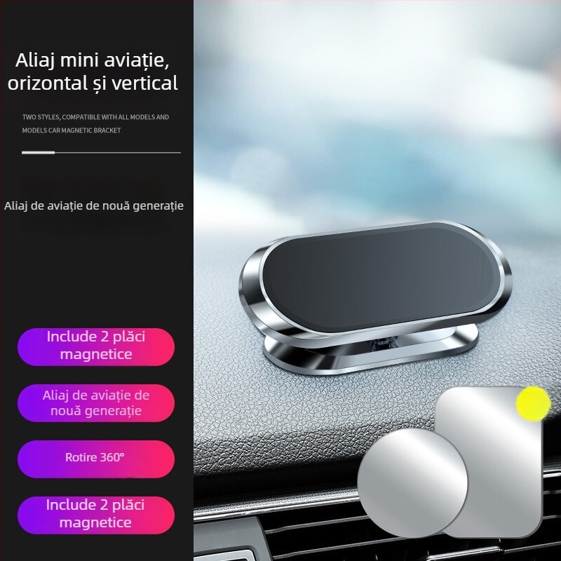 Suport magnetic pentru telefon în mașină, rotire la 360°, montaj cu adeziv — universal, din aliaj