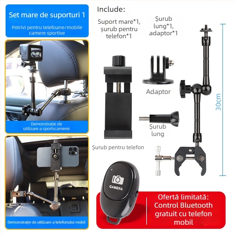 Suport auto universal multifuncțional pentru telefon și cameră, cu prindere pe tetieră