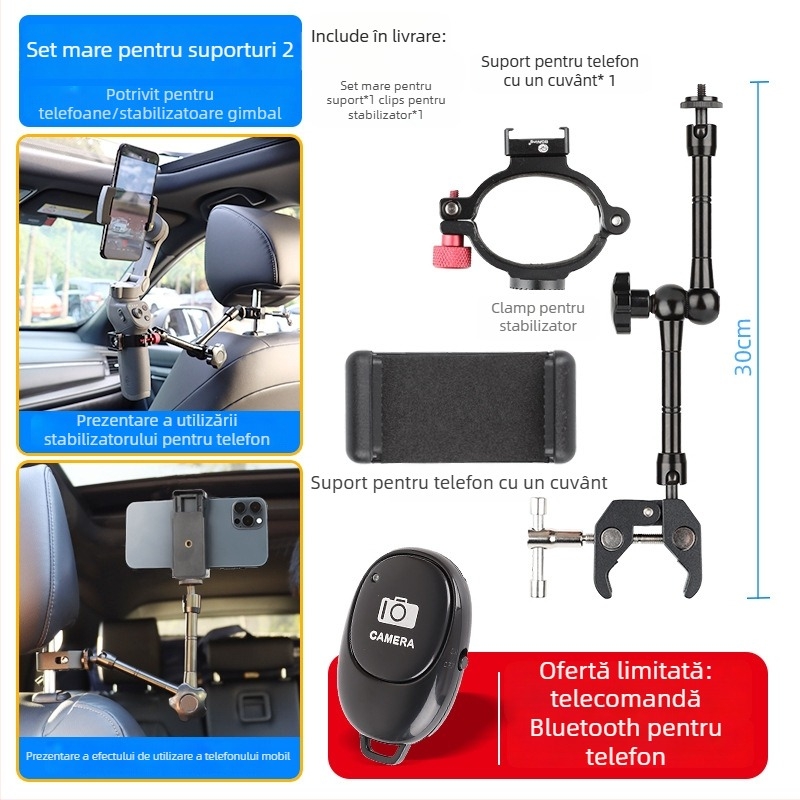 Suport auto universal multifuncțional pentru telefon și cameră, cu prindere pe tetieră