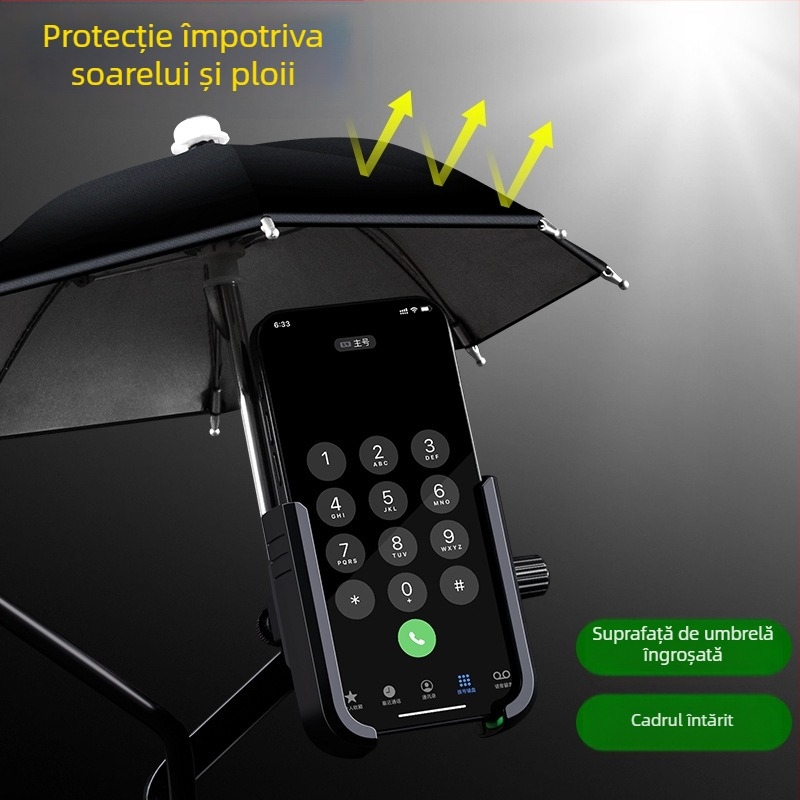 Suport pentru telefon auto/motocicletă cu umbrelă mică pentru protecție solară și ploaie, prindere cu clips, construcție din plastic, rezistent la apă, multifuncțional