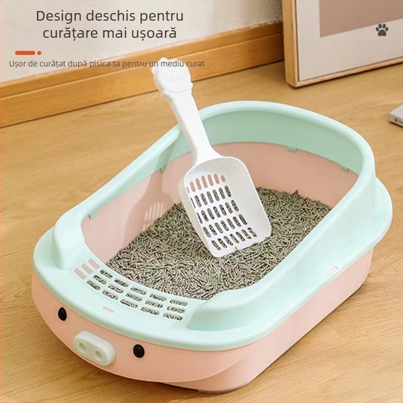 Cutie de nisip închisă în stil desenat, temă purcel pentru pisici, material PP, marcă New Favorite Cute